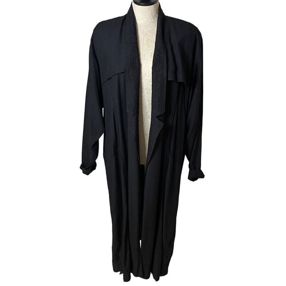 Surya Womens Duster Black Size Large Vintage Open Front Embroidered Rayon Pocket - Picture 10 of 16